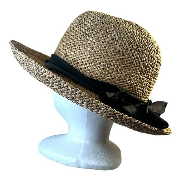 Tan Straw Sun Hat VINTAGE 90s with Wide Brim and a Black French Ribbon Accent - Picture 12 of 12